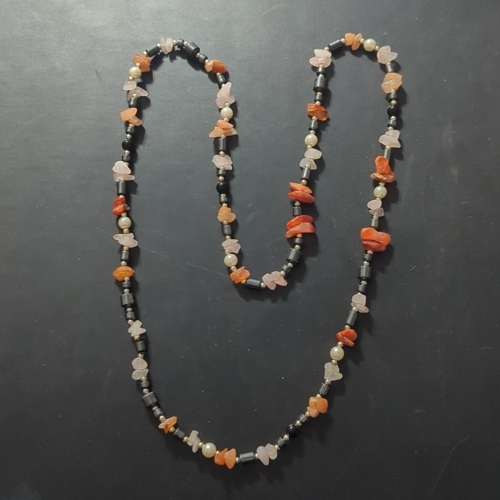 Black Hematite Pink Rose Quarter Orange Carnelian Gemstone Statement Necklace